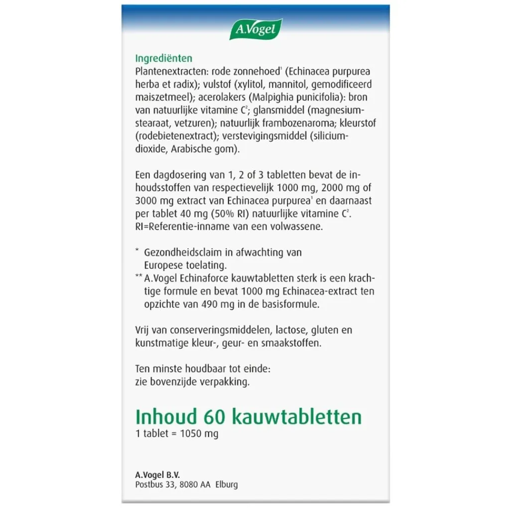 A.Vogel Natuurlijke Supplementen|Weerstand En Of Energie>Echinaforce Sterk** + Vitamine C Kauwtabletten
