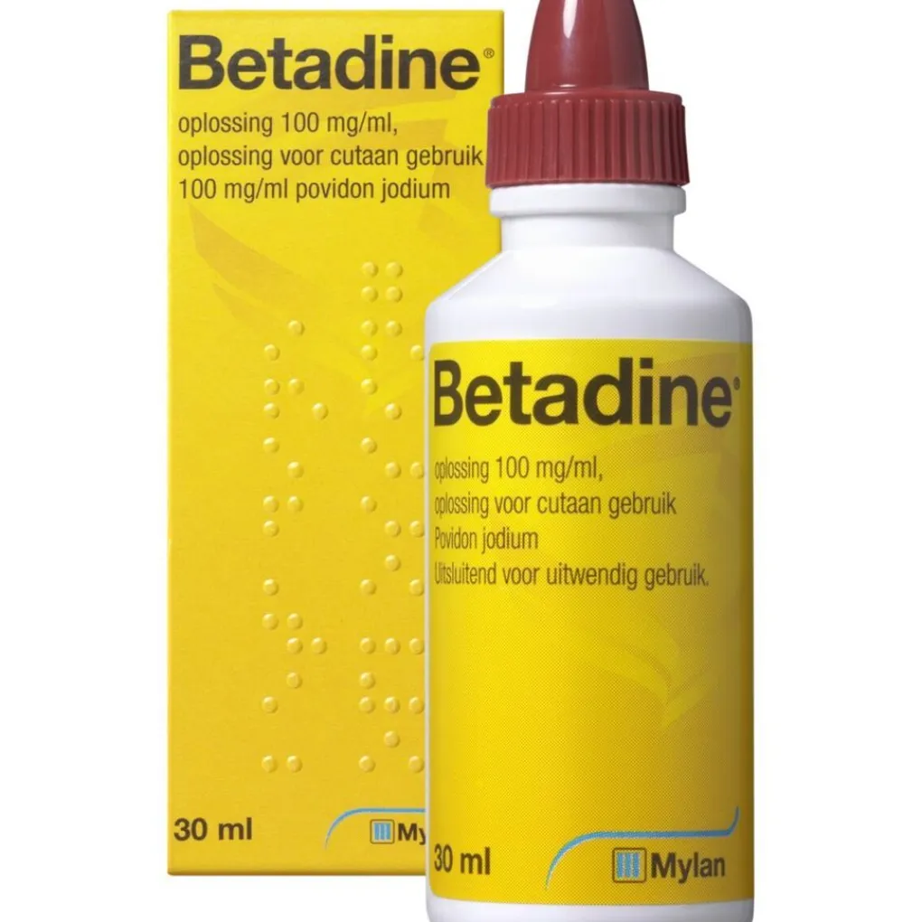 Betadine Wondontsmetting>Oplossing met 100mg/ml Povidon Jodium