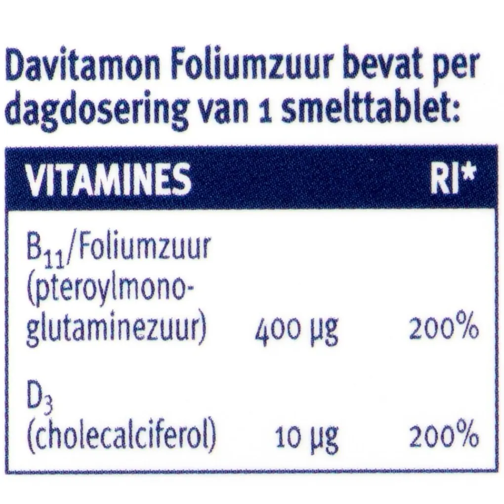 Davitamon Foliumzuur|Zwangerschapssupplementen>Foliumzuur Extra Vitamine D3 Smelttabletten