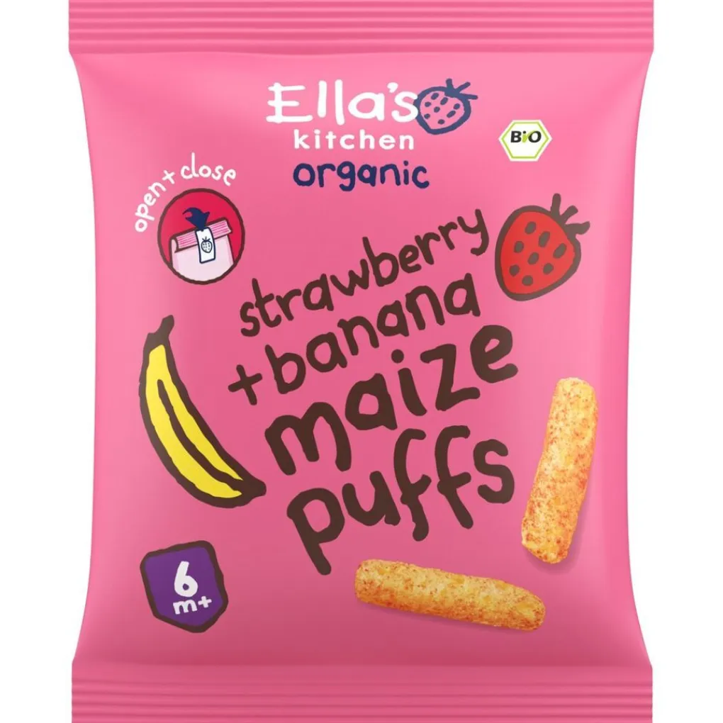 Ella's Kitchen Babytussendoortjes>6+M Strawberry + Banana Maize Puffs