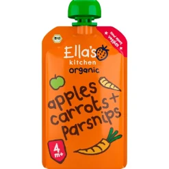 Ella's Kitchen Babymaaltijden>Organic 4M+ Bio Wortel Pastinaak en Appel Knijpzakje
