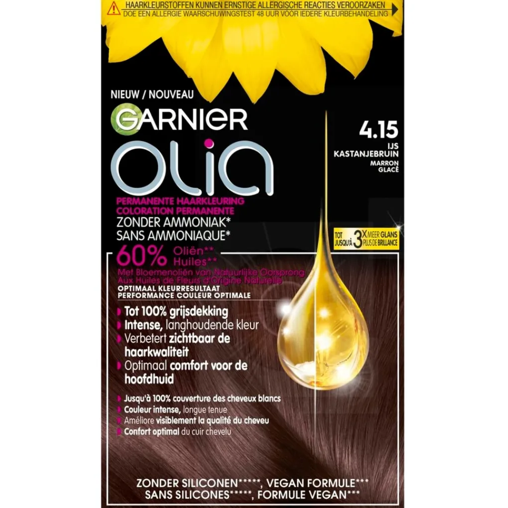 Olia Haarverf>Garnier 4.15 IJs Kastanje Middenbruin Permanente Haarkleuring