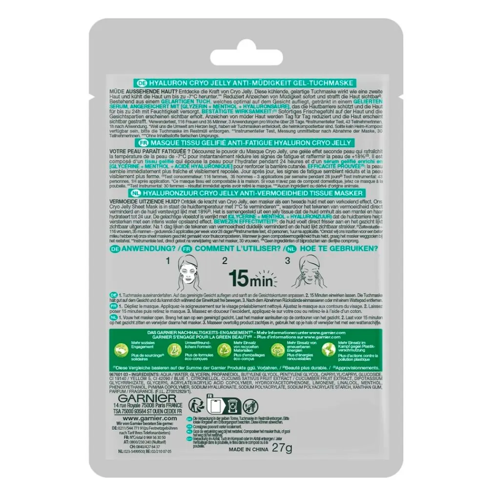 Garnier Skin Naturals Gezichtsmaskers>Garnier SkinActive Cryo Jelly Anti-Vermoeidheid Gezichtsmasker met Hyaluronzuur