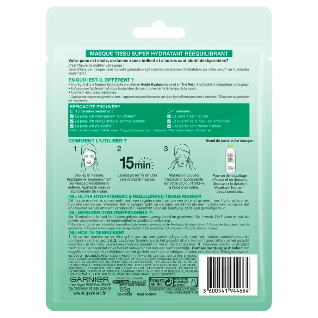 Garnier Skin Naturals Gezichtsmaskers>Garnier SkinActive Hydra Bomb Groene Thee Tissuemasker