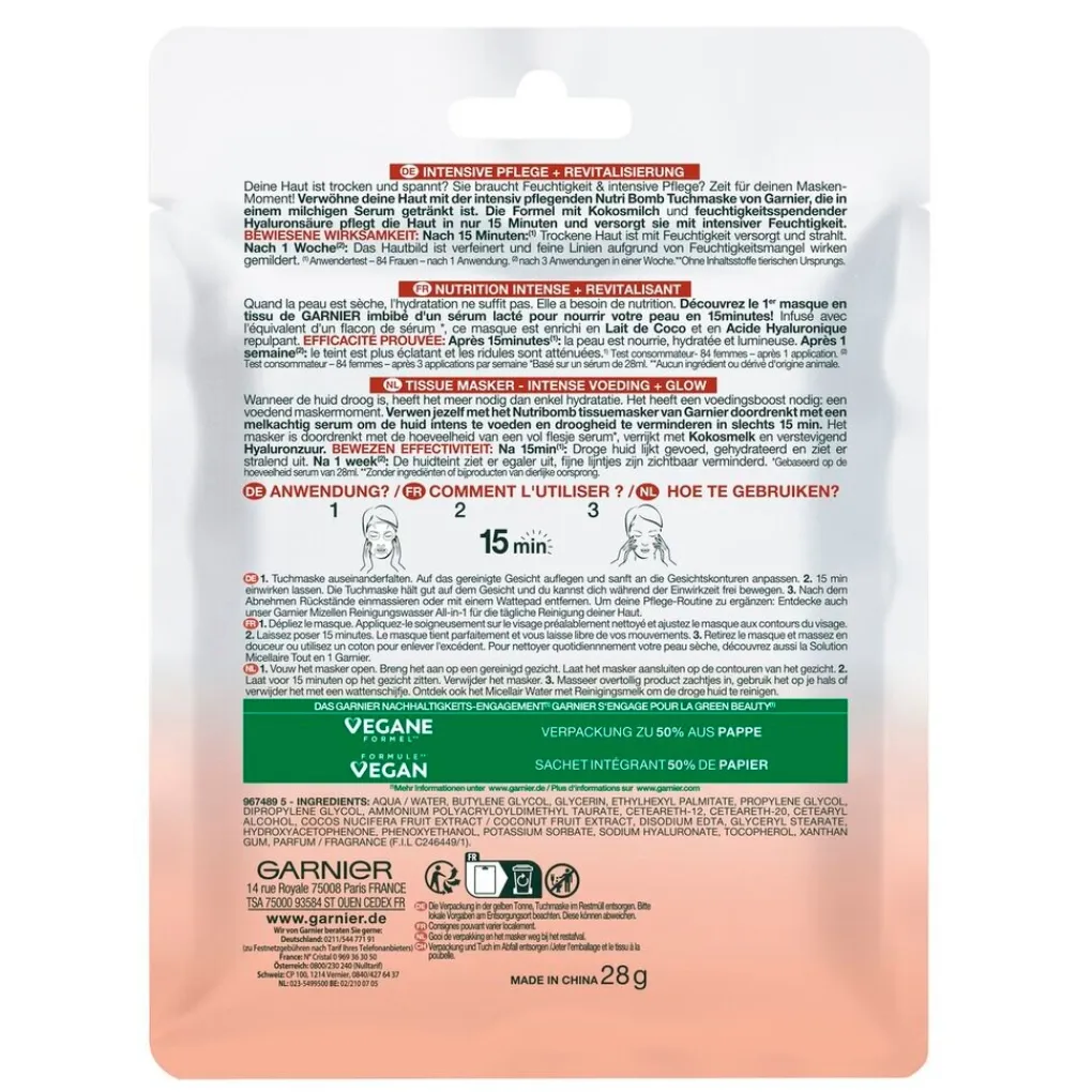 Garnier Skin Naturals Gezichtsmaskers>Garnier SkinActive Nutri Bomb Kokos Tissuemasker