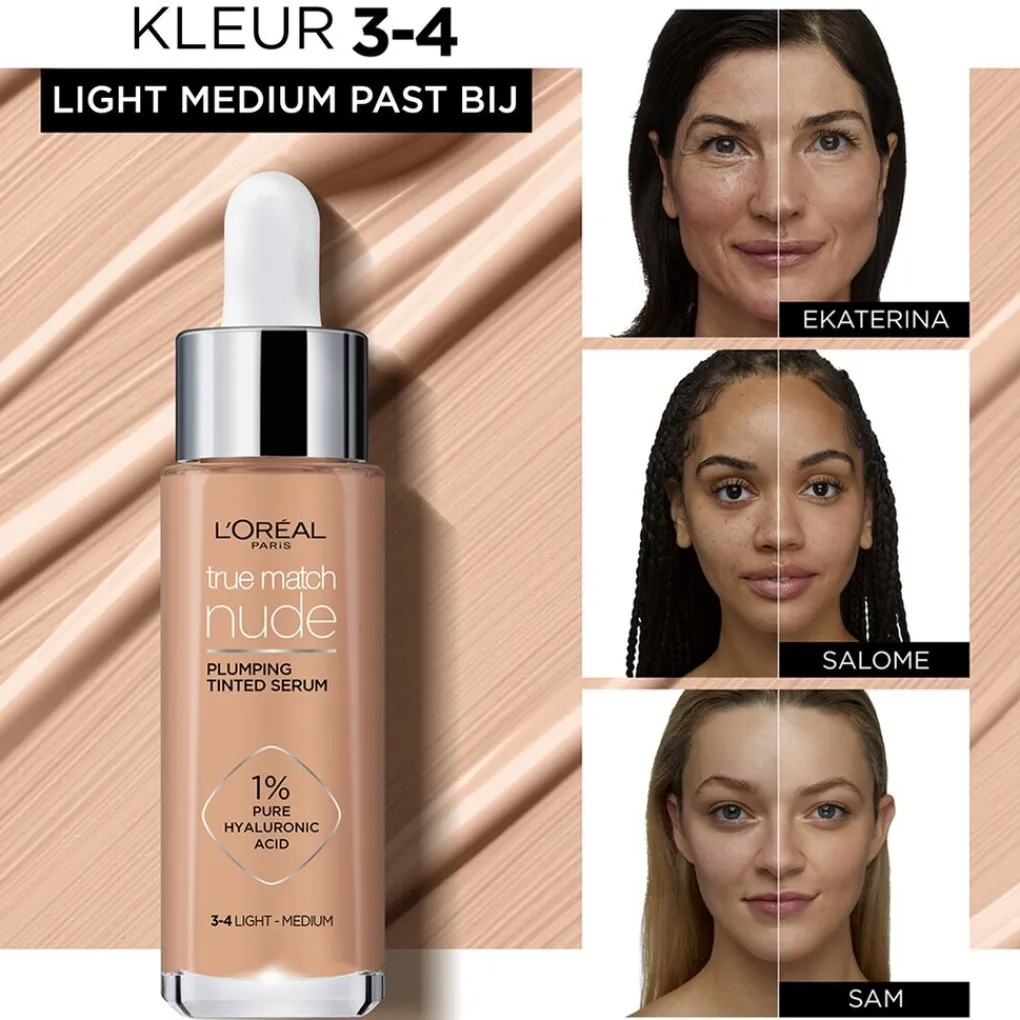 L'Oreal Foundation>L'Oréal Paris True Match Nude 3-4 Light Medium Plumping Tinted Serum