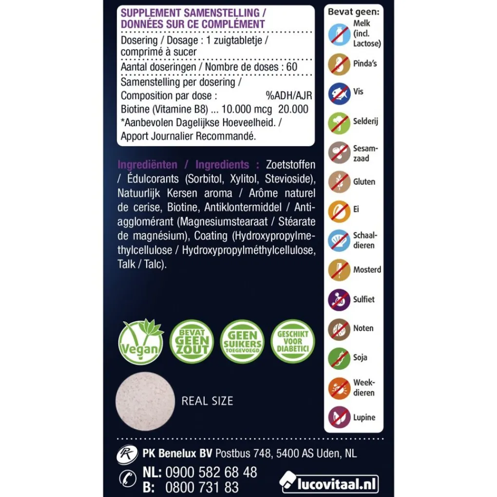 Lucovitaal Beautysupplementen>Biotine Forte 10.000mcg Zuigtabletten