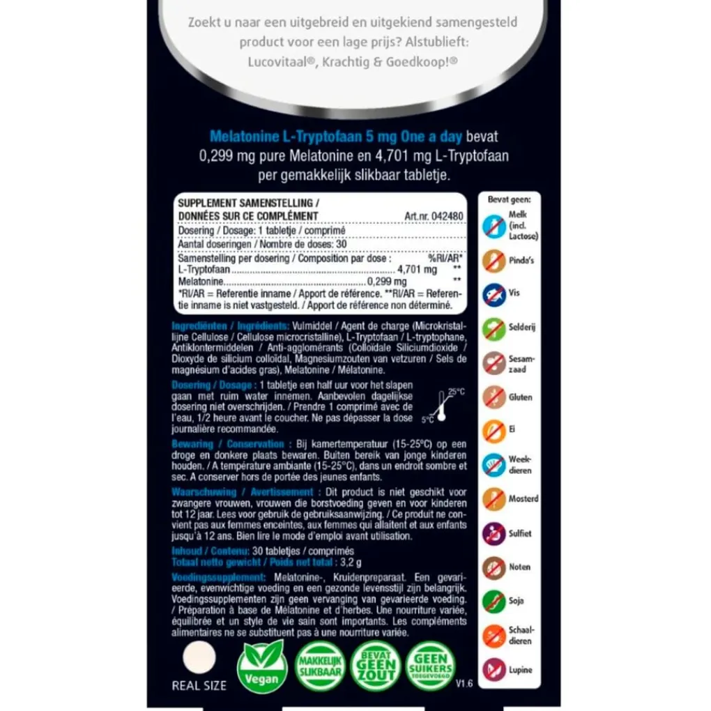 Lucovitaal Melatonine|Melatonine>Melatonine L-Tryptofaan 5mg Tabletten