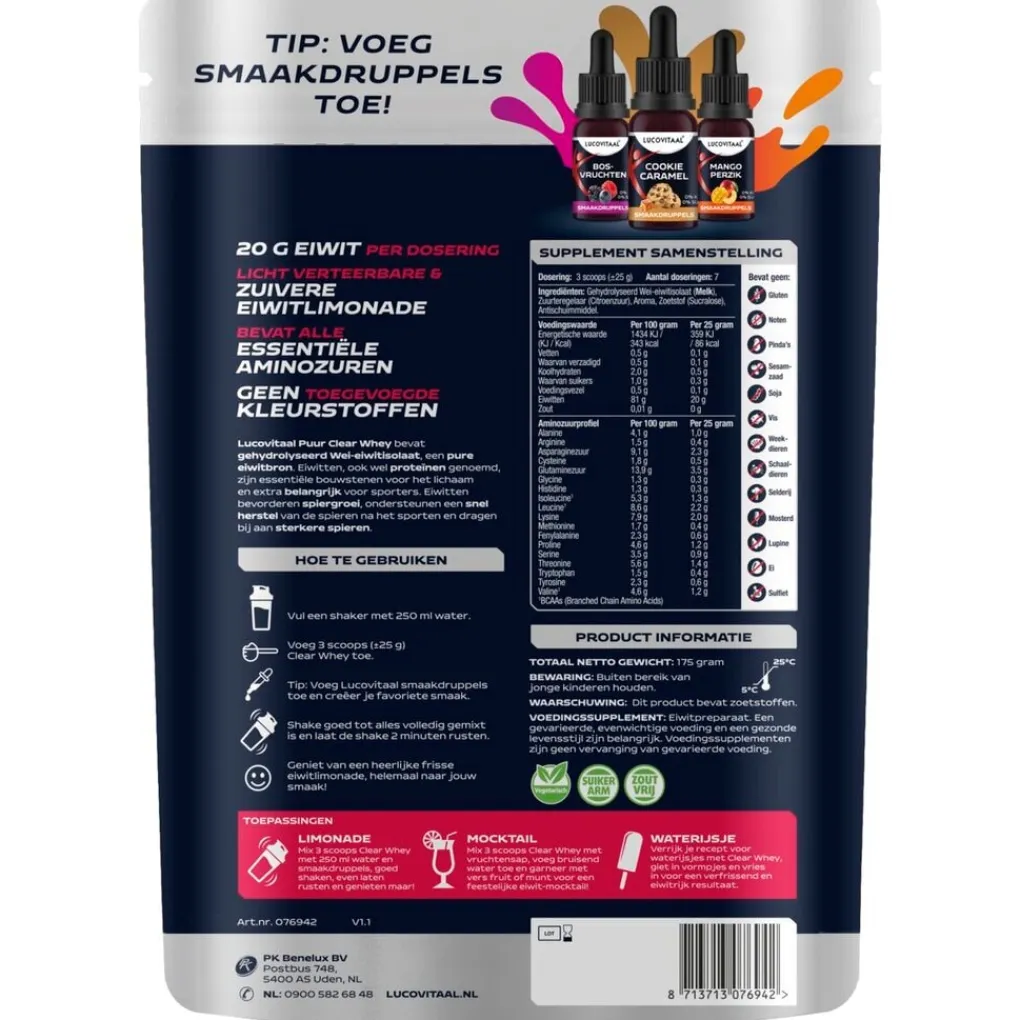 Lucovitaal Proteïne (Eiwit) Poeders>Puur Clear Whey Eiwitpoeder