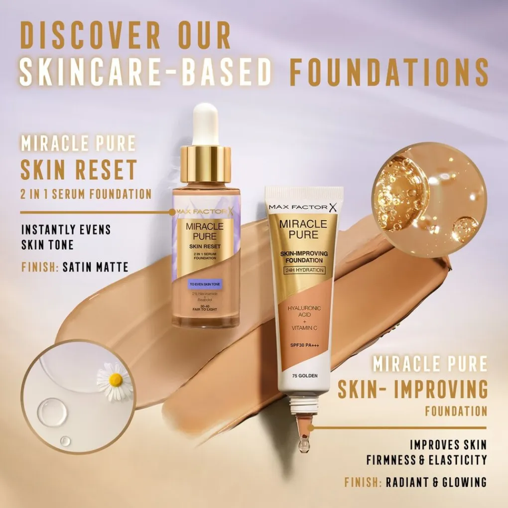 Max Factor Foundation>Miracle Pure Skin Reset 85-90 Medium to Deep 2-in-1 Serum Foundation