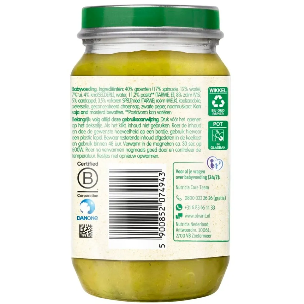 Olvarit Babymaaltijden>8+M Pasta Spinazie Zalm Maaltijdpotje