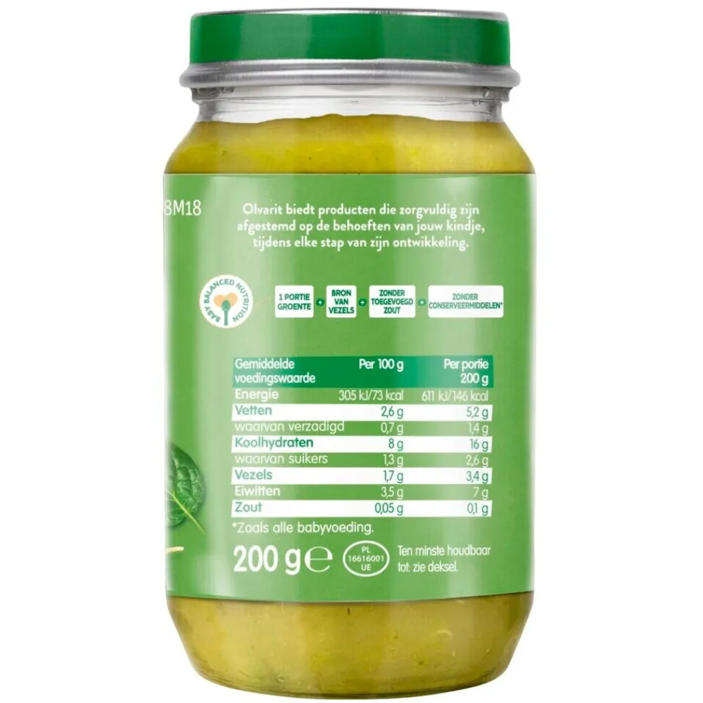 Olvarit Babymaaltijden>8+M Pasta Spinazie Zalm Maaltijdpotje
