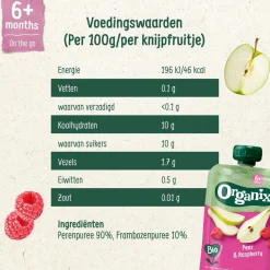 Organix Fruithapjes>Bio Peer & Framboos 6+M Knijpfruit