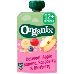 Organix Fruithapjes>12+M Haver, Appel, Banaan, Aardbei & Bosbes Knijpfruit